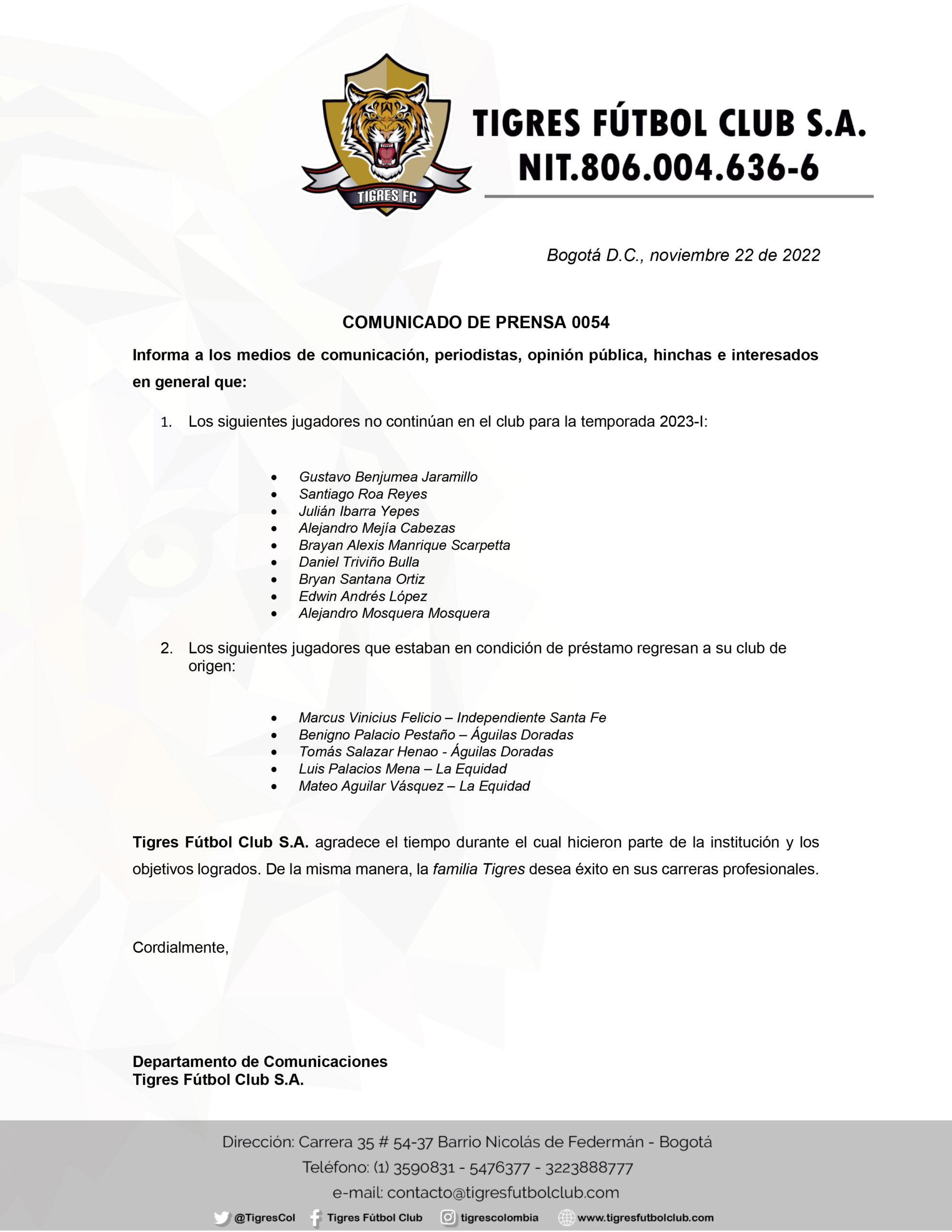 Comunicados De Prensa Tigres F Tbol Club